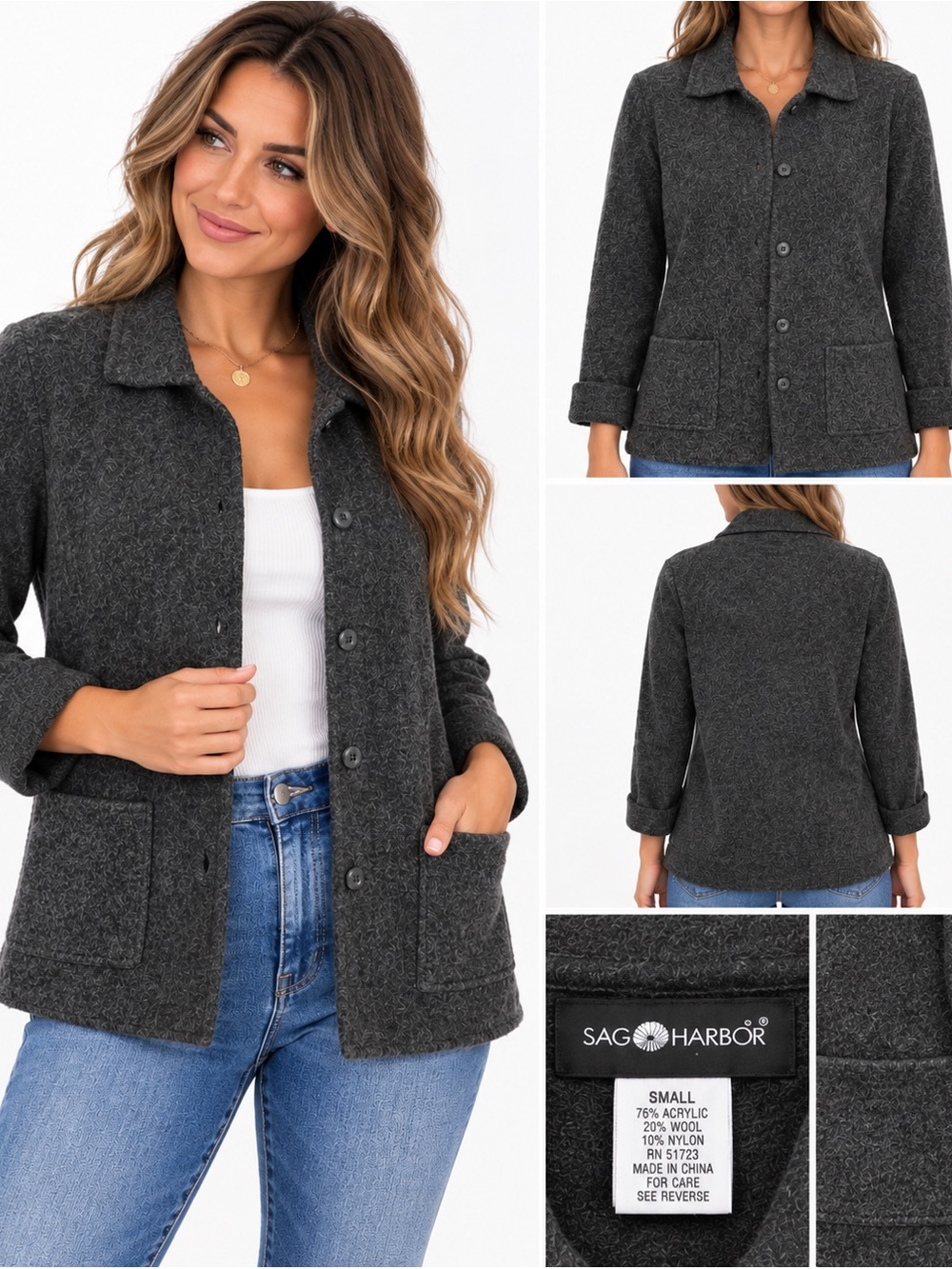 Sag Harbor Charcoal Button-Front Wool Blend Jacket